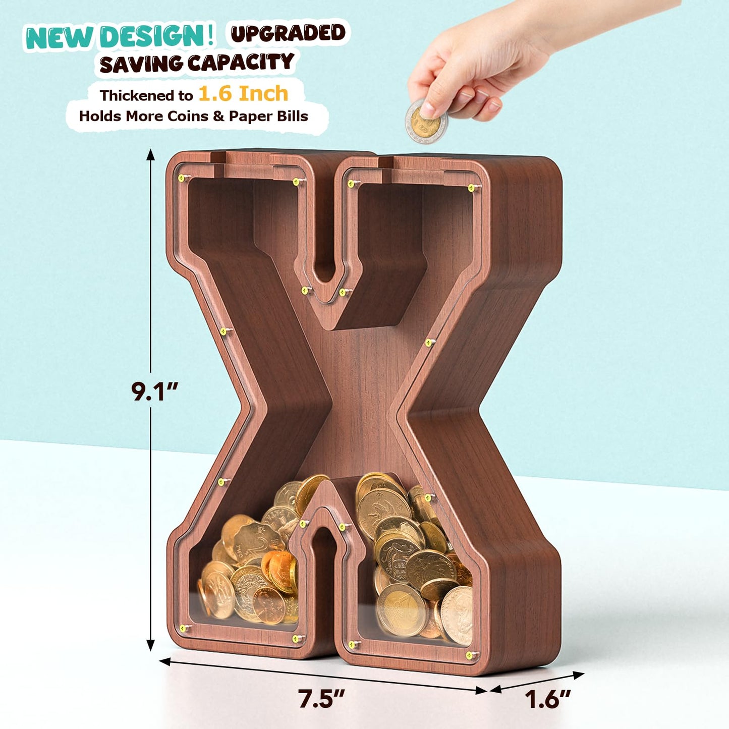 Summidate Wooden Letter Piggy Bank  Extra Thick Large Capacity Piggy Bank for Kids Boys Girls Toddler  Alphabet X Money Bank| Coin Box Birthday  Christmas  Festival