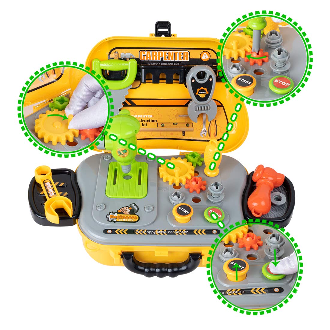 UNIH Kids Tool Sets for Boys Age 2-4 Childs Carpenter Preschool Fixing Tool Kit with Yellow Box, Toys for 2 Year Old