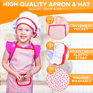 FUNERICA Kids Apron and Chef Hat Set for Girls and Boys. For Pretend Role Play, Cooking, Baking, Painting, and Gardening. Featur