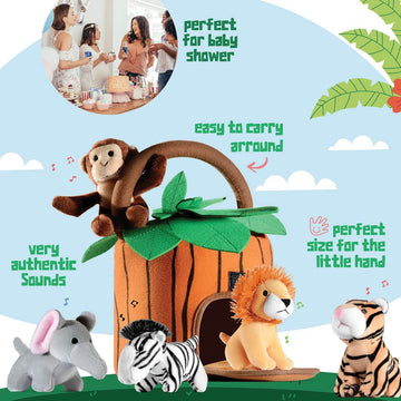 Play22 6-Piece Plush Talking Jungle Animals Set With Carrier For Kids, Babies & Toddlers - Elephant, Tiger, Lion, Zebra, Monkey