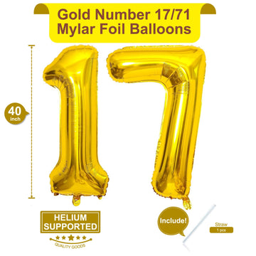 40 Inch Gold 17 Number Balloons Giant 17 Balloons Gold Birthday 17 Balloons 17Th Birthday Anniversary Party Decorations Supplies