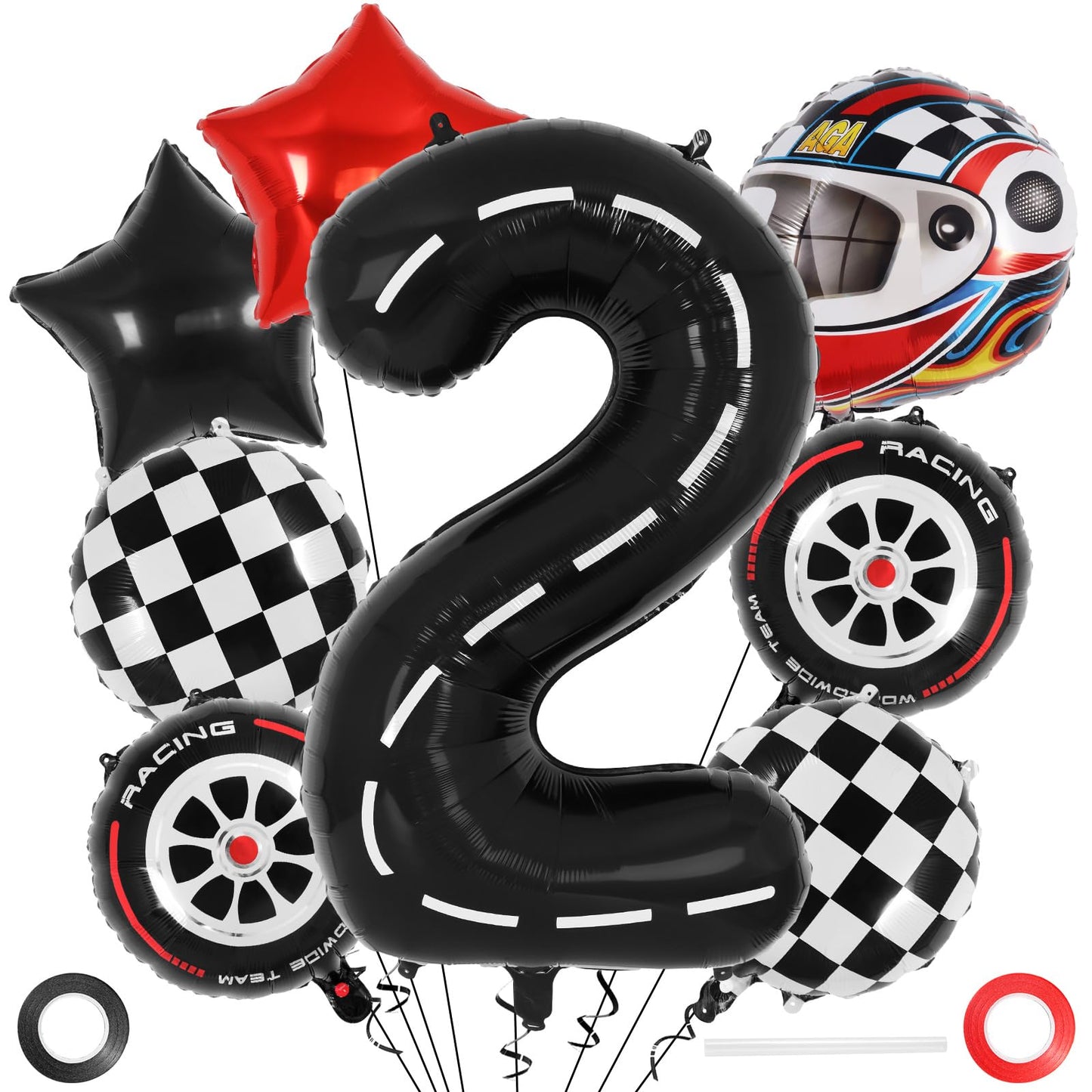 Race Car 2 Balloons, 40 Inch Racetrack Number 2 Balloon, Large Foil Mylar Racetrack Black 2 Balloon For 2 Year Old Birthday Race