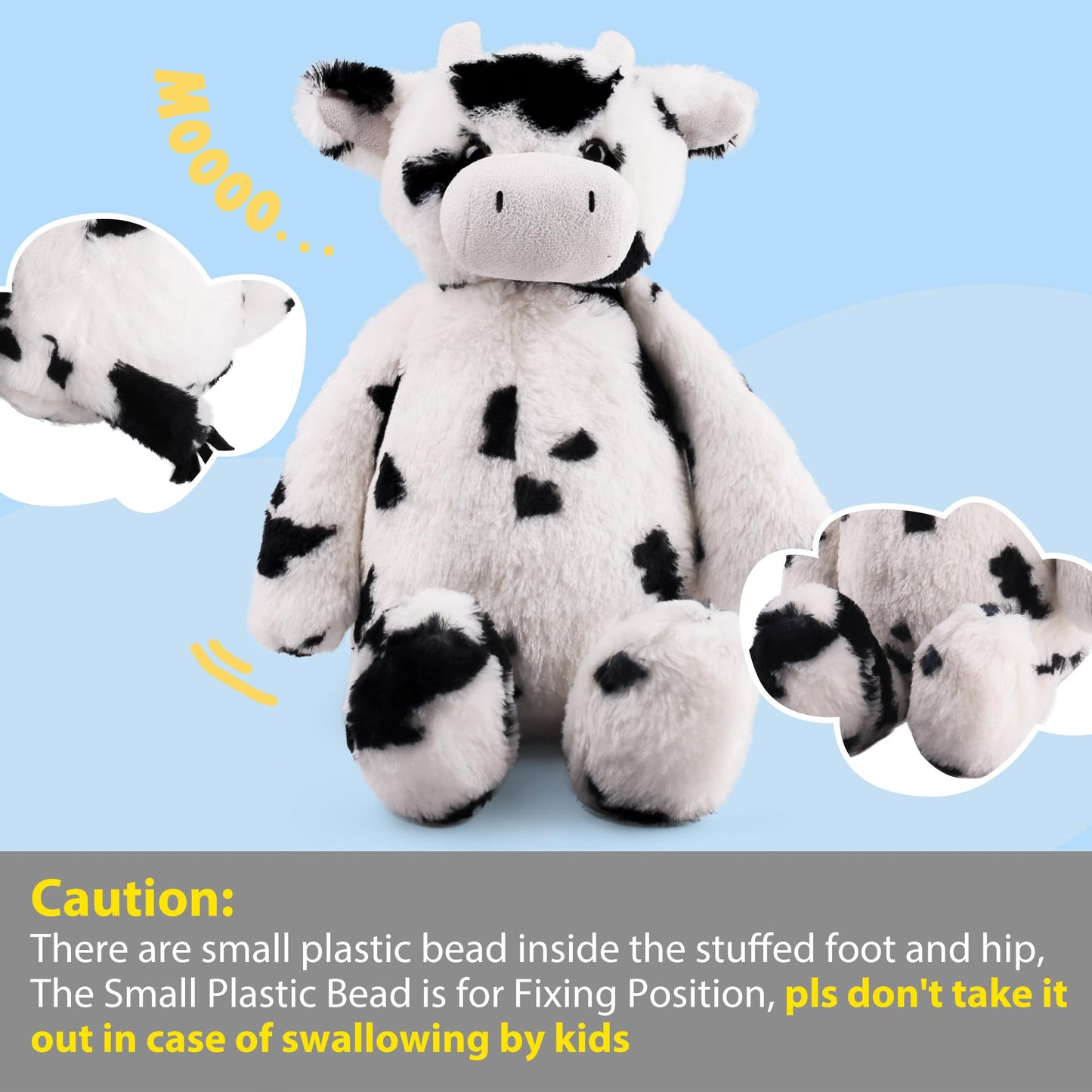 Lotfancy Cow Stuffed Animal, 16 Inch Tubbie Wubbie Soft Plush Cow For Babies, Farm Animal Toy Birthday For Boys Girls, White And Black, Kids Room Decoration, Easter Decorations