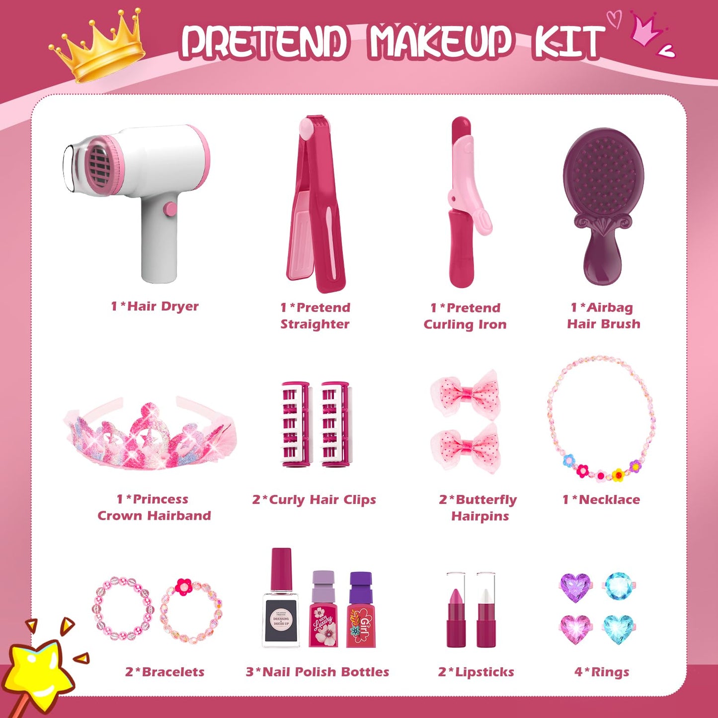 Toddler Makeup Table Toy With Mirror And Chair, Kids Pretend Play Vanity Set With Lights And Sounds Hairdryer, Make Up Accessori