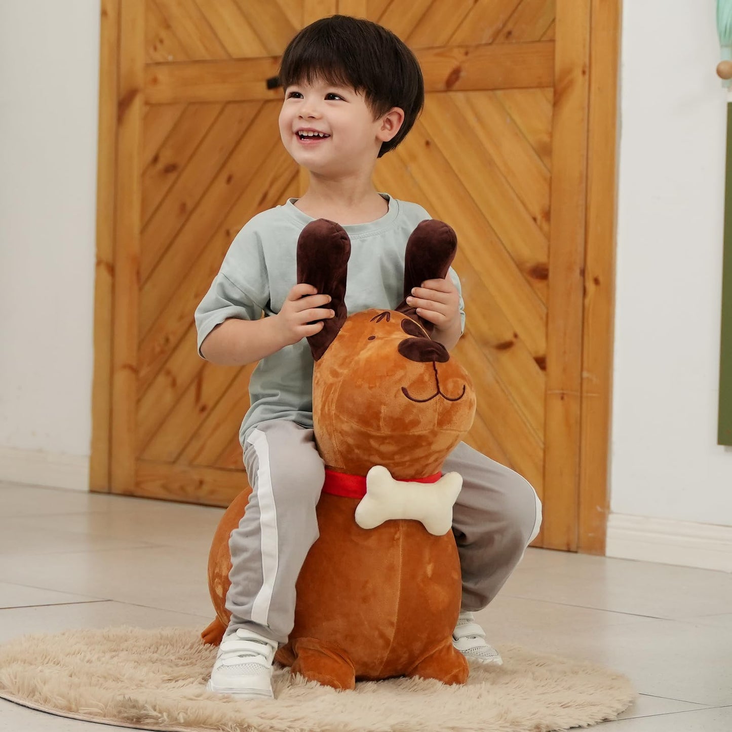 INPANY Bouncy Dog Hopper Toy - Plush Medium Ride-On for Toddlers, Brown Rubber, Ideal Birthday Gift for 2-4 Year Olds