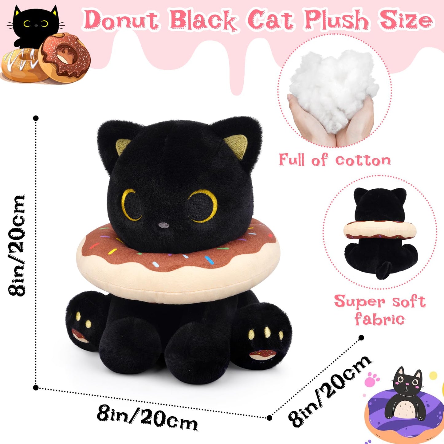 Hagusahuo Black Cat Plush Toy, 8" Cute Stuffed Animal, Polyester, Chocolate Black, Kawaii Gift for Kids & Adults
