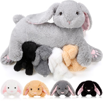 Hydren Nursing Bunny Stuffed Animal Plush Toys 15 Inch Plush Bunny Mommy With 4 Stuffed Magnetic Baby Rabbit Plushies For Kids B