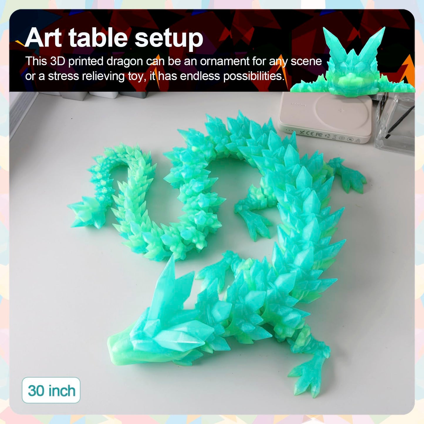 Rwsefk 30 In 3D Printed Dragon, 30Inch Dragon,3D Dragon Toy,Large Dragon Present,Ariculated Crystal Dragon (Gradient Blue-Green,