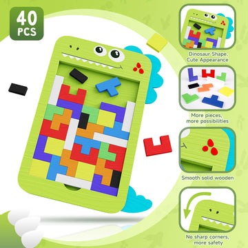 Mindpal 40 Pcs Wooden Blocks Puzzles, Jigsaw Puzzles, Dinosaur Wooden Brain Teaser Puzzles Iq Game Toy, Educational Puzzle, Inte