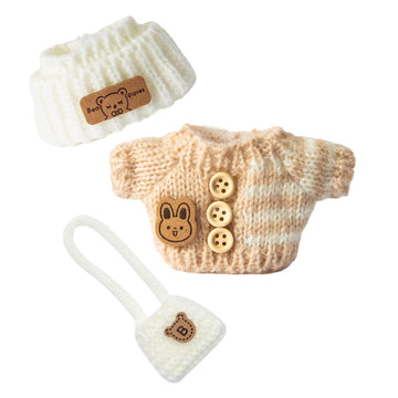 17cm Doll Clothes - Kawaii Chic Style Set for 17cm Dolls  Cute Doll Outfit with Accessories - Button Up Stripe Brown Sweater + White Hat + White Bag (Clothes Only)