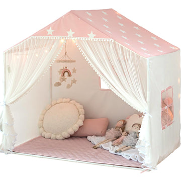 Kids Play Tent With Mat, Large Playhouse Tent With Pompoms Door Curtains, Children Play House For Girls Boys, Indoor Play Cottag
