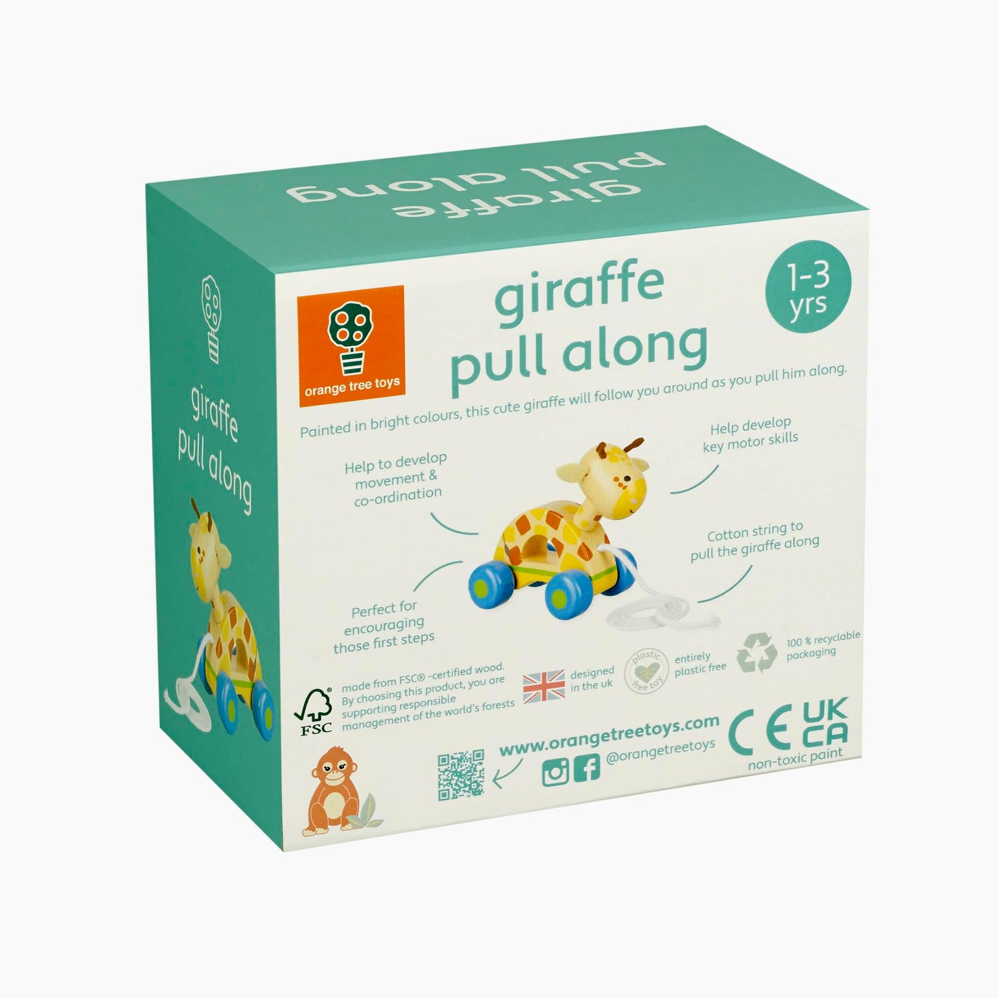 Orange Tree Toys: Pull Along: Giraffe - Wooden Toy, Colorful Wheeled Character, Push-Pull, Encourage First Steps, Fsc Certified,