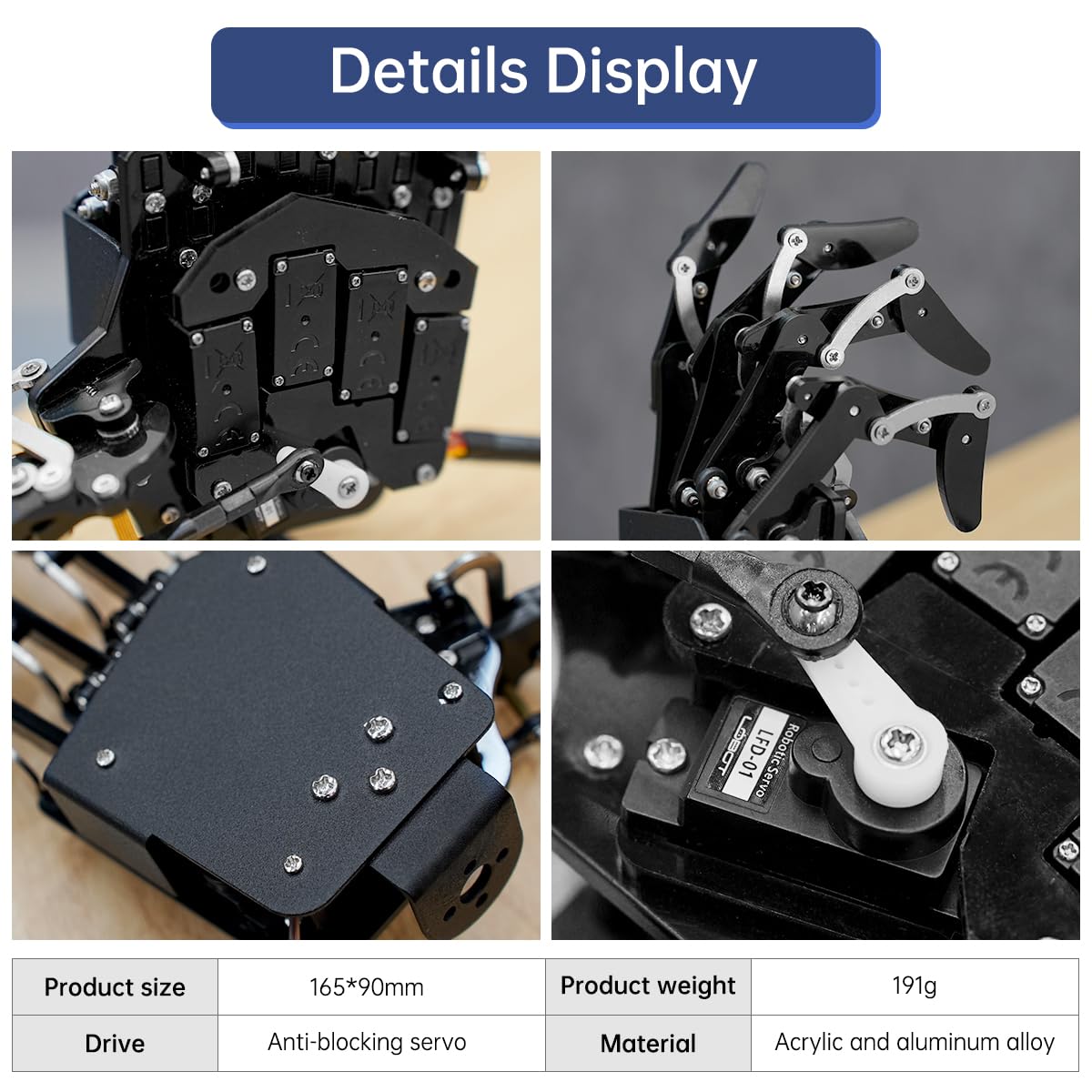 LewanSoul Bionic Robot Hand - 5-Finger Mechanical Arm, Aluminum, Left Hand, Black, Model: HiWonder