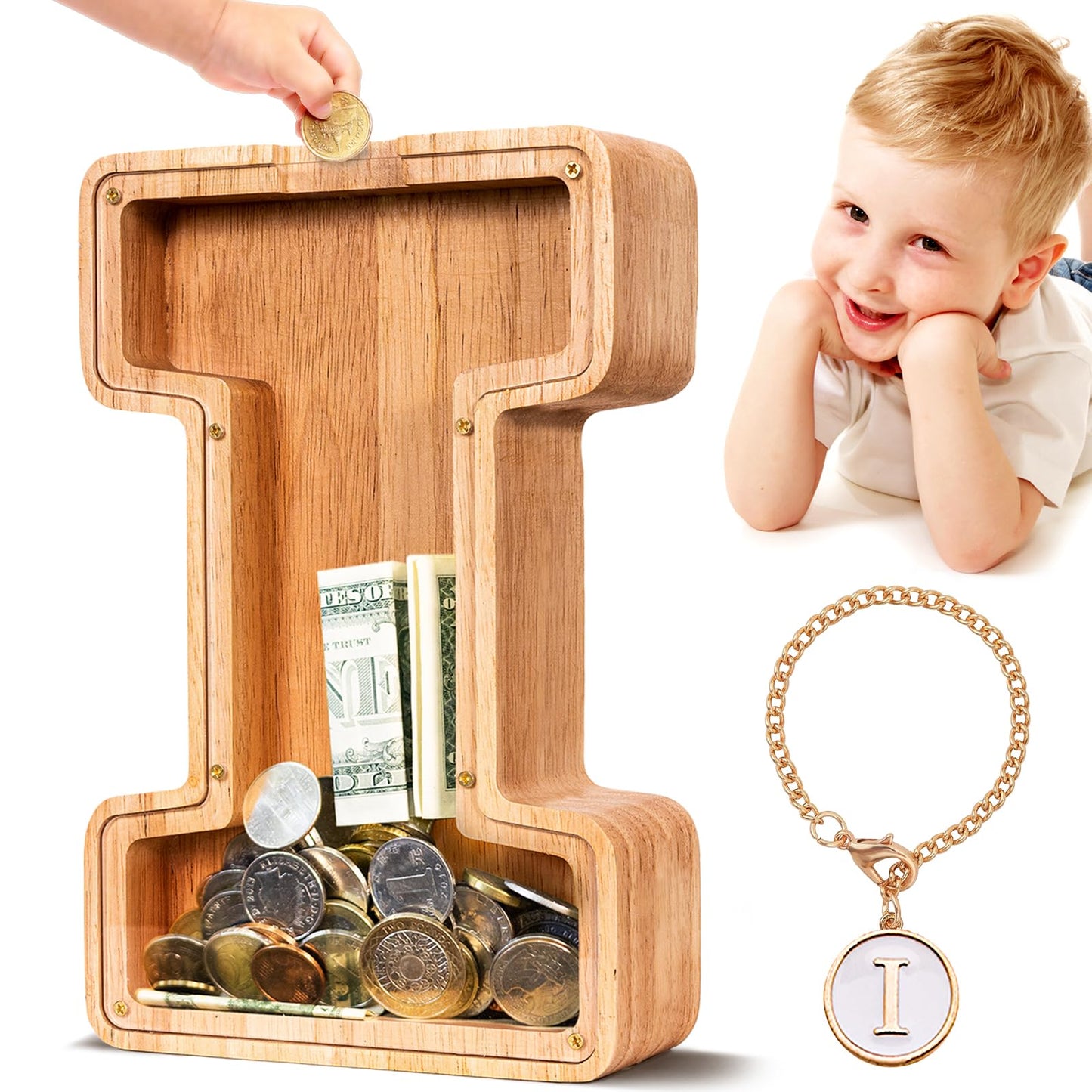 SummiDate Wooden Letter Piggy Bank| Piggy Bank for Boys Girls Toddler| Alphabet I Money Bank| Coin Bank Birthday Gift for Kids|Birthday Gift for Kids (I)