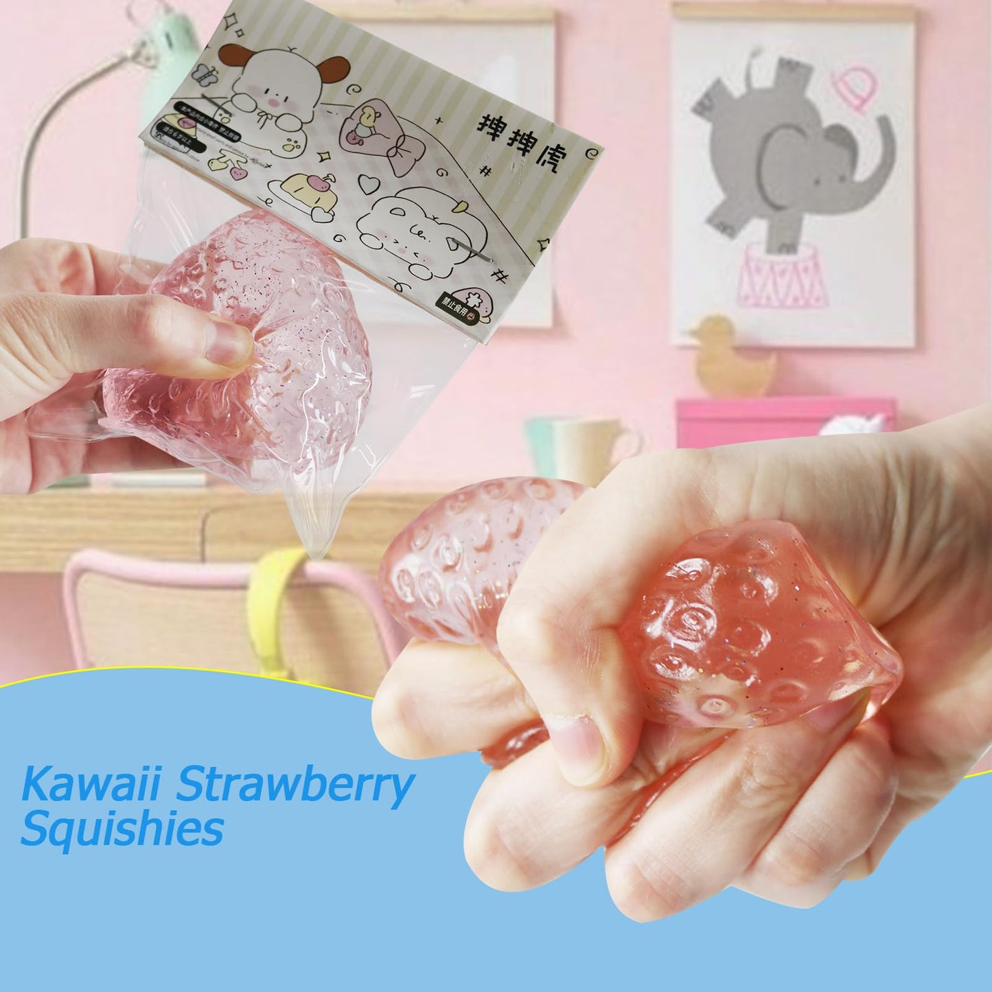 Handmade Strawberry Taba Squishy Toys,Kawaii Strawberry Squishies Squeeze Toys, Cute Strawberry Kawaii Novelty Things(Glitter Pi