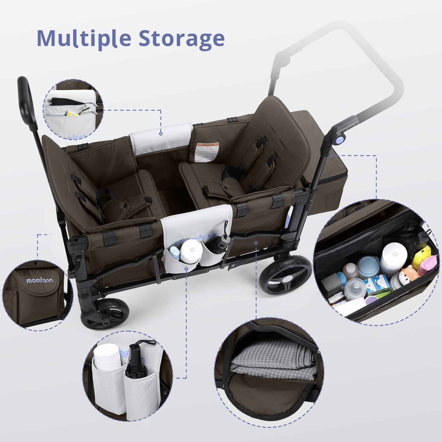 Momfann Wagon Stroller For 2 Kids, Double-Seater Baby Wagon With Canopy, Adjustable Handle And Pull Bar, Compact Design For Todd