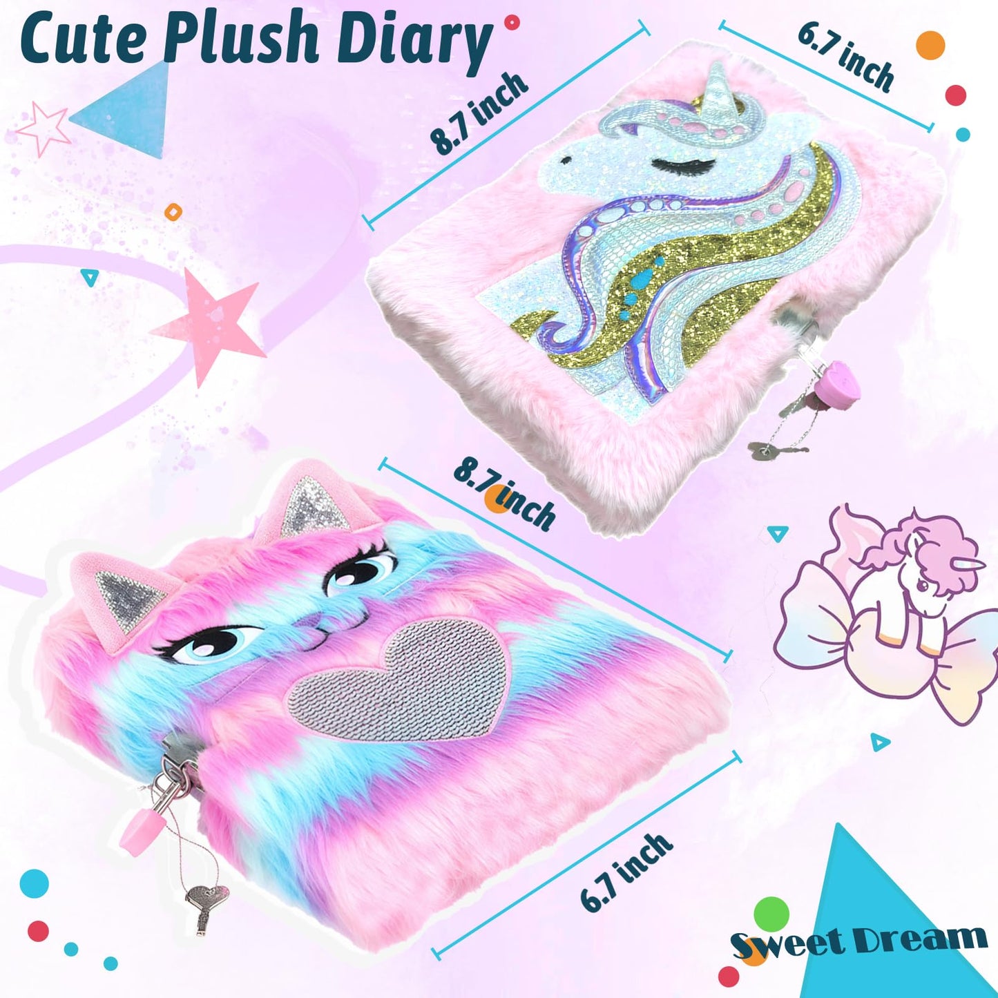 Dicvute 2Pcs Diary With Lock, Gift For 6 7 8 Years Old Girls, Fuzzy Notebook Cute Cat Unicorn Diary Secret Writing Plush Journal