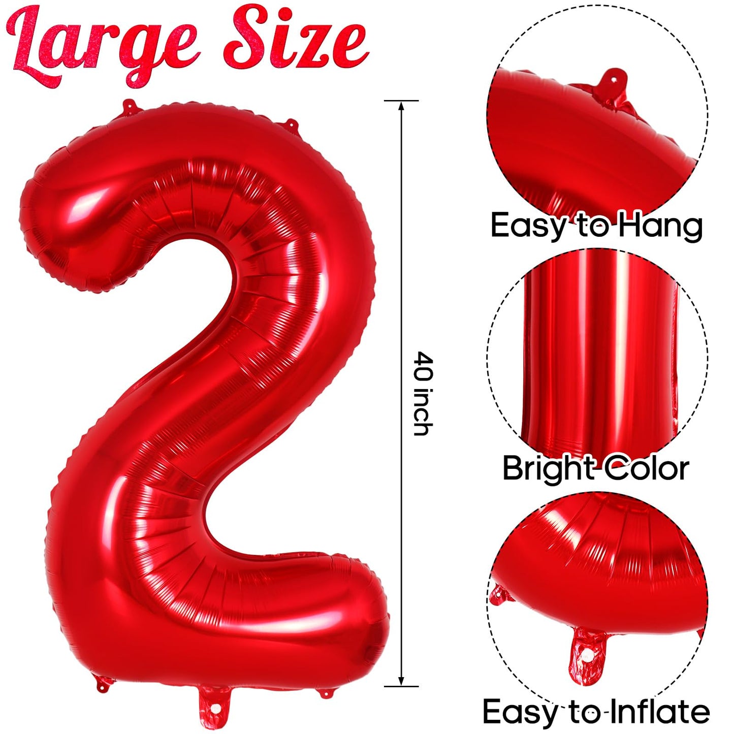 Red Number 2 Balloon 40 Inch, Big Large Foil Helium Number Balloons, Jumbo Giant Mylar Number 2 Balloons For 2 Year Old Birthday