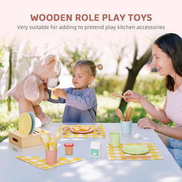 OOOK Wooden Play Dishes and Plates for Kids Kitchen Set, 25 PCS Wooden Play Kitchen Accessories, Play Montessori Kitchen Toy for