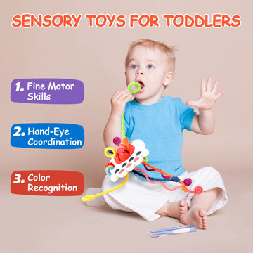 Hooku Montessori Toys For 1 Year Old, Sensory Toys For Babies, Food Grade Silicone Pull String Activity Toy, Fine Motor Toys, Baby Travel Toys, Toddler Baby Girl Boy Gifts