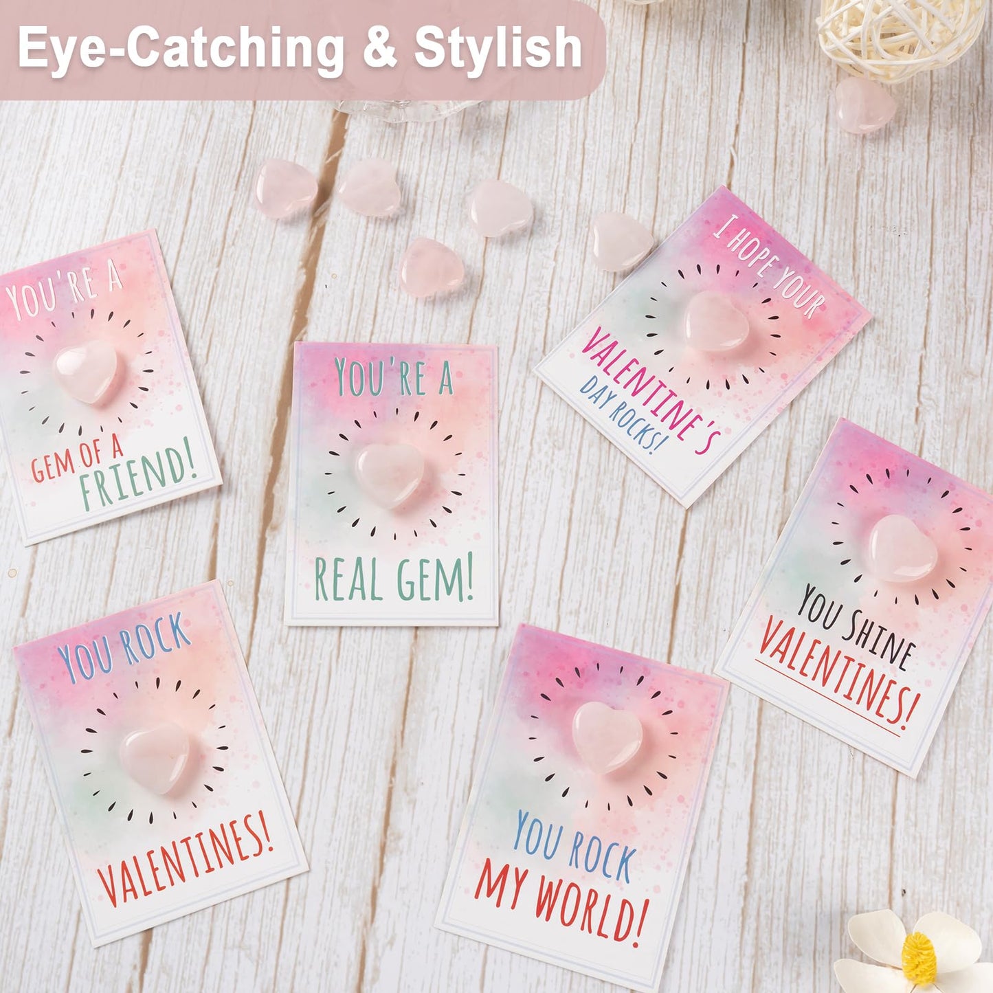 Valentines Day Gifts for Kids - 24 Pack Valentines Cards with Pink Heart Shaped Plastic Stones for Boys Girls Toddlers Valentine