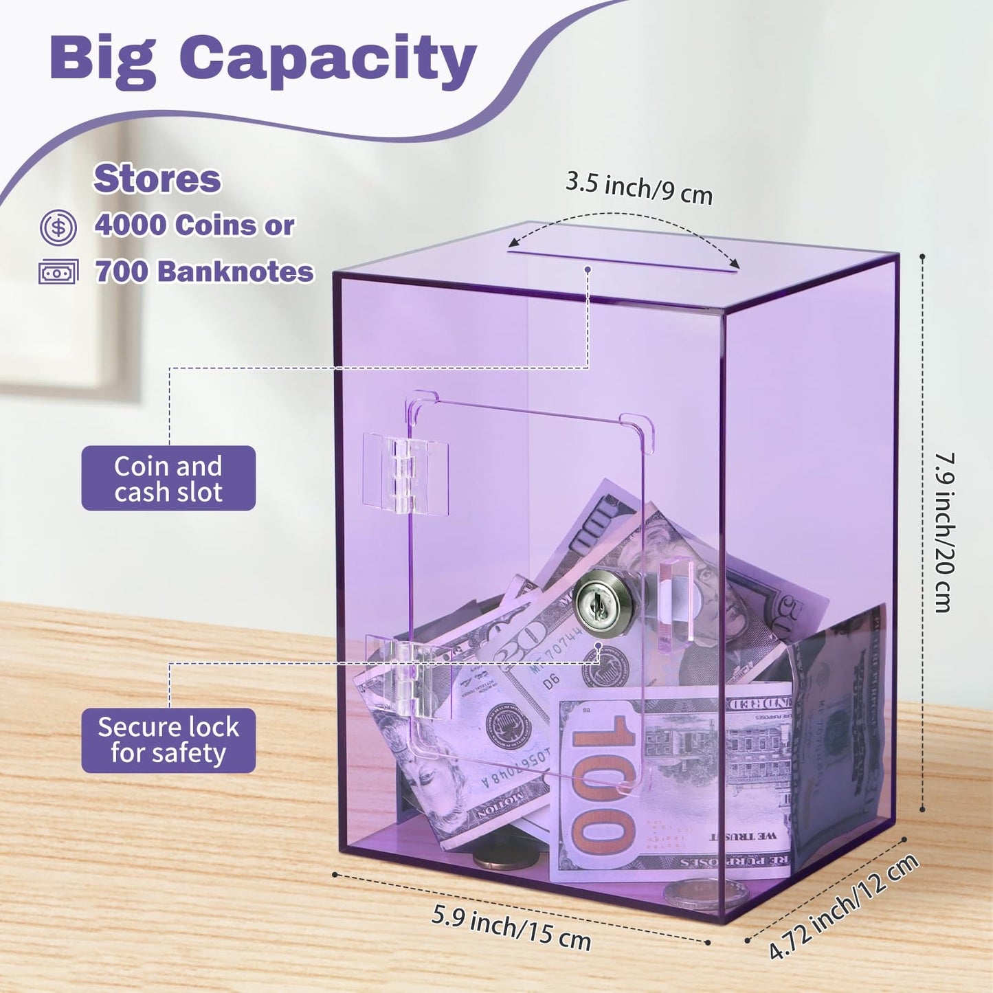 Imeepa Clear Acrylic Piggy Bank With Lock And Key For Kids Adults, Openable Money Saving Box For Cash Coins Real Money (Purple)