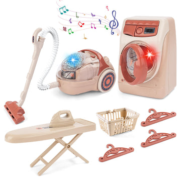 Deao Toy Washing Machine & Vacuum Playset For Kids, Mini Washing Machine Laundry Set For Kids,Dollhouse Furniture Laundry Room W