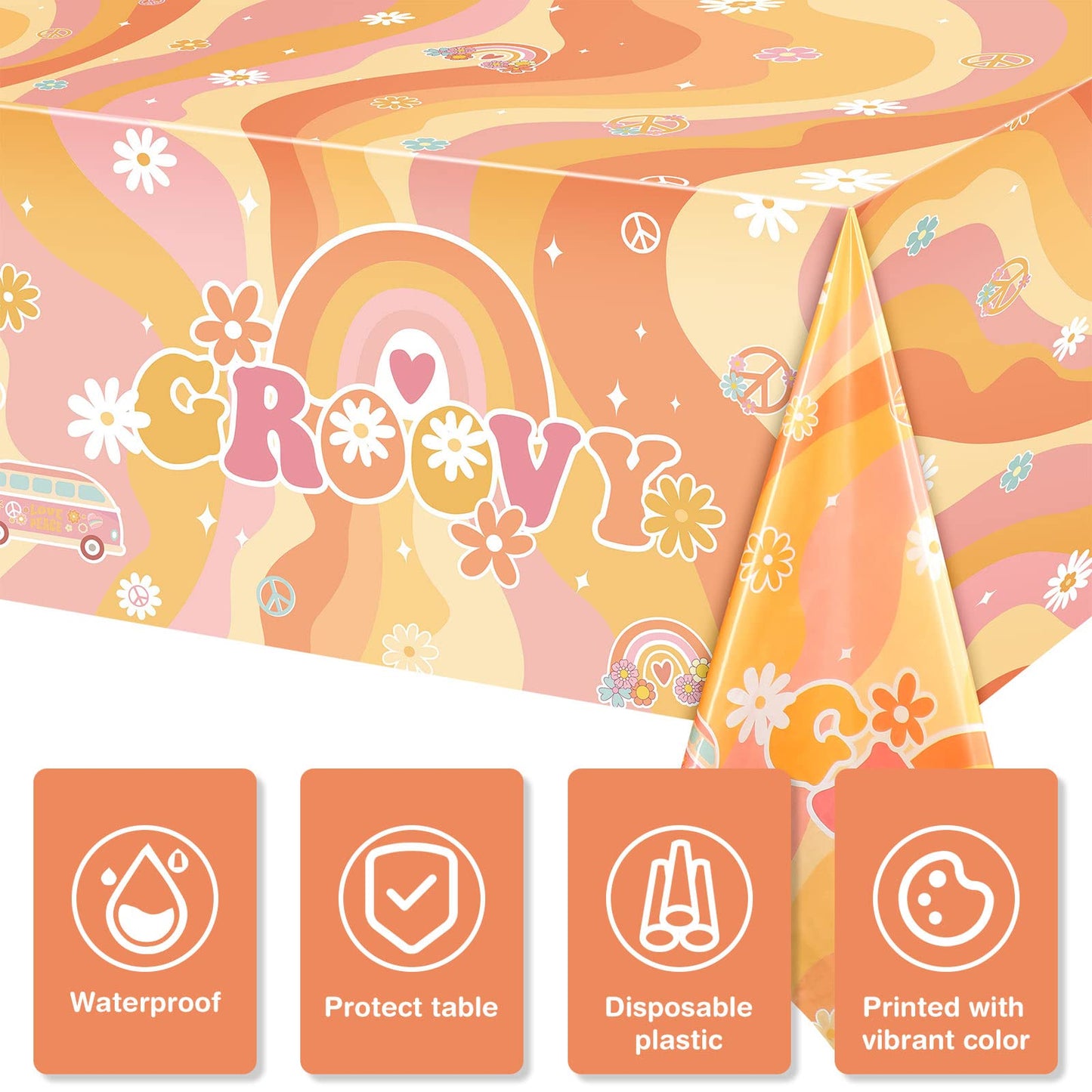 Tiamon 3 Pieces Rainbow Plastic Groovy Tablecloths Retro Hippie Table Covers for Rectangle Table, Disposable Daisy Flower Rainbo
