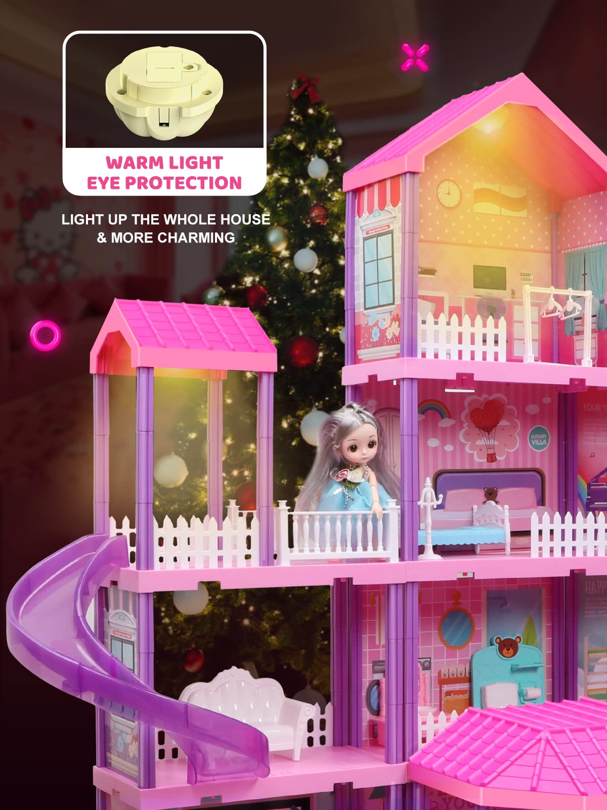 Beefunni Doll House, Dream Dollhouse For Girls Toys W/ 4 Stories -11 Rooms, Doll House 4-5 Year Old W/ 2 Dolls & Furniture, Princess Dollhouse 2023 Christmas Toy Gifts For 3 4 5 6 7 8+ Year Old Girls