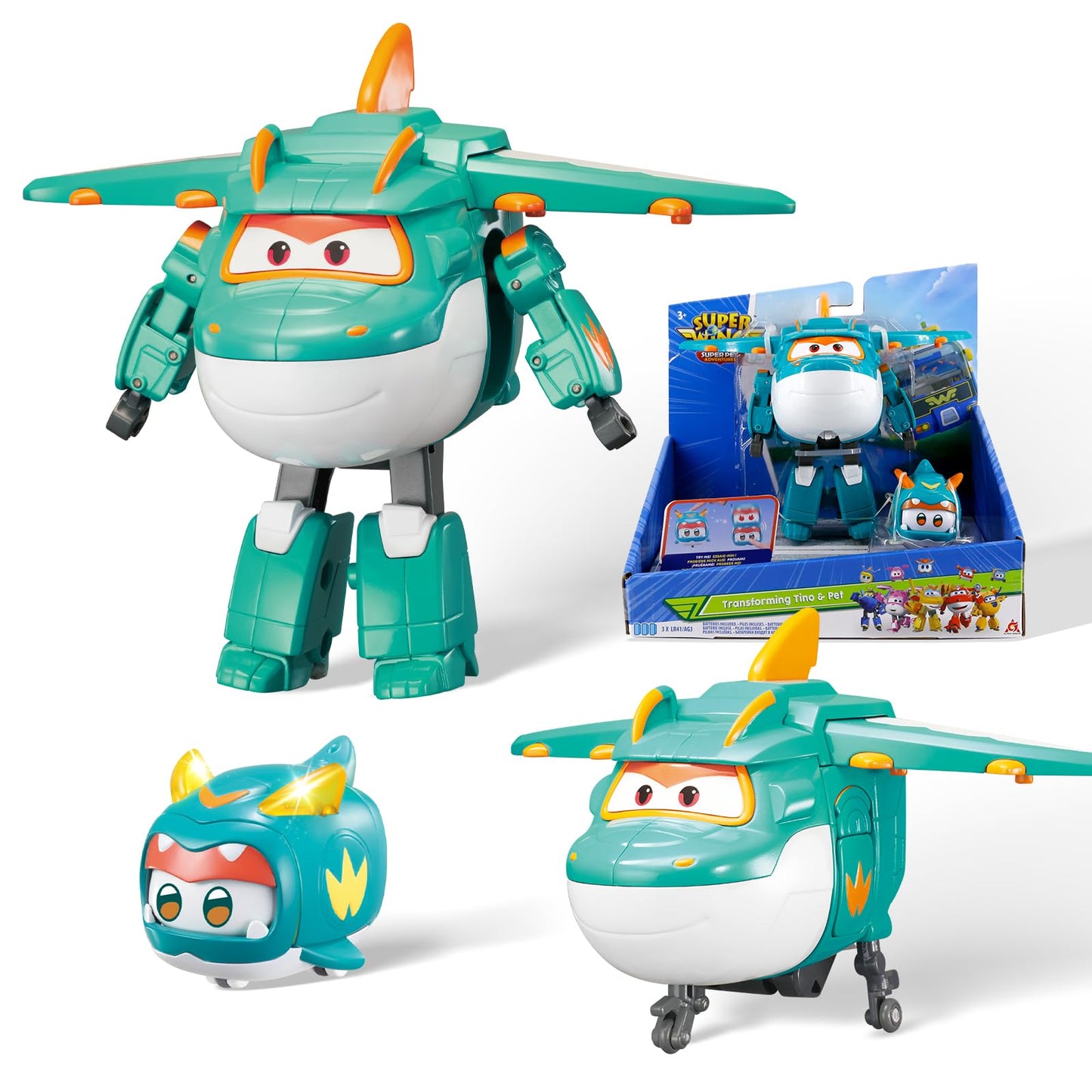 Super Wings 5" Transformer Tino & Mini Tino Dinosaur Airplane Robot, Green, Educational Action Figure for Kids Age 3+