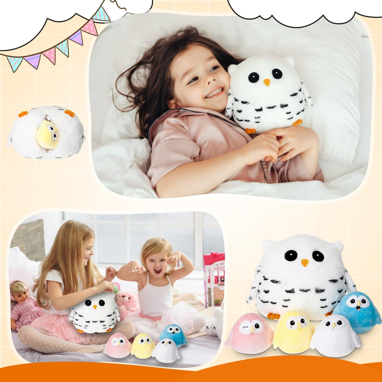Hollowfly 5 Pcs Fat Owls Plush Toy Gift Set 9.5 Mom Owls with 4 Cute Colorful Babies Stuffed Animal in Zippered Butt Nurturing P