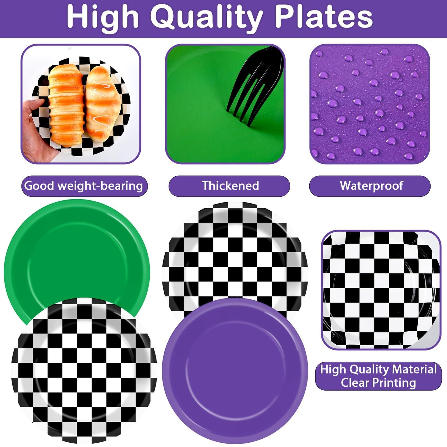 CHUNNIN 48PCS Green Purple Monster Truck Party Paper Plates for Monster Truck Themed Party Supplies 7  Checkered Racing Car Birt