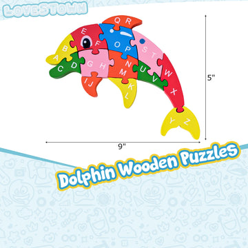 Lovestown Dolphin Wooden Puzzle, 26Pcs Jigsaw Puzzle Alphabet And Number Blocks Wooden Building Blocks For Kid Toddlers Preschool