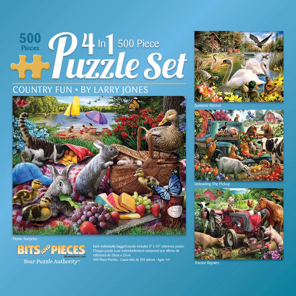 Bits and Pieces - 4-in-1 Multipack Jigsaws 500 Piece Puzzles for Adults - Puzzles Measures 18 x 24 - Picnic Surprise Pickup Trac
