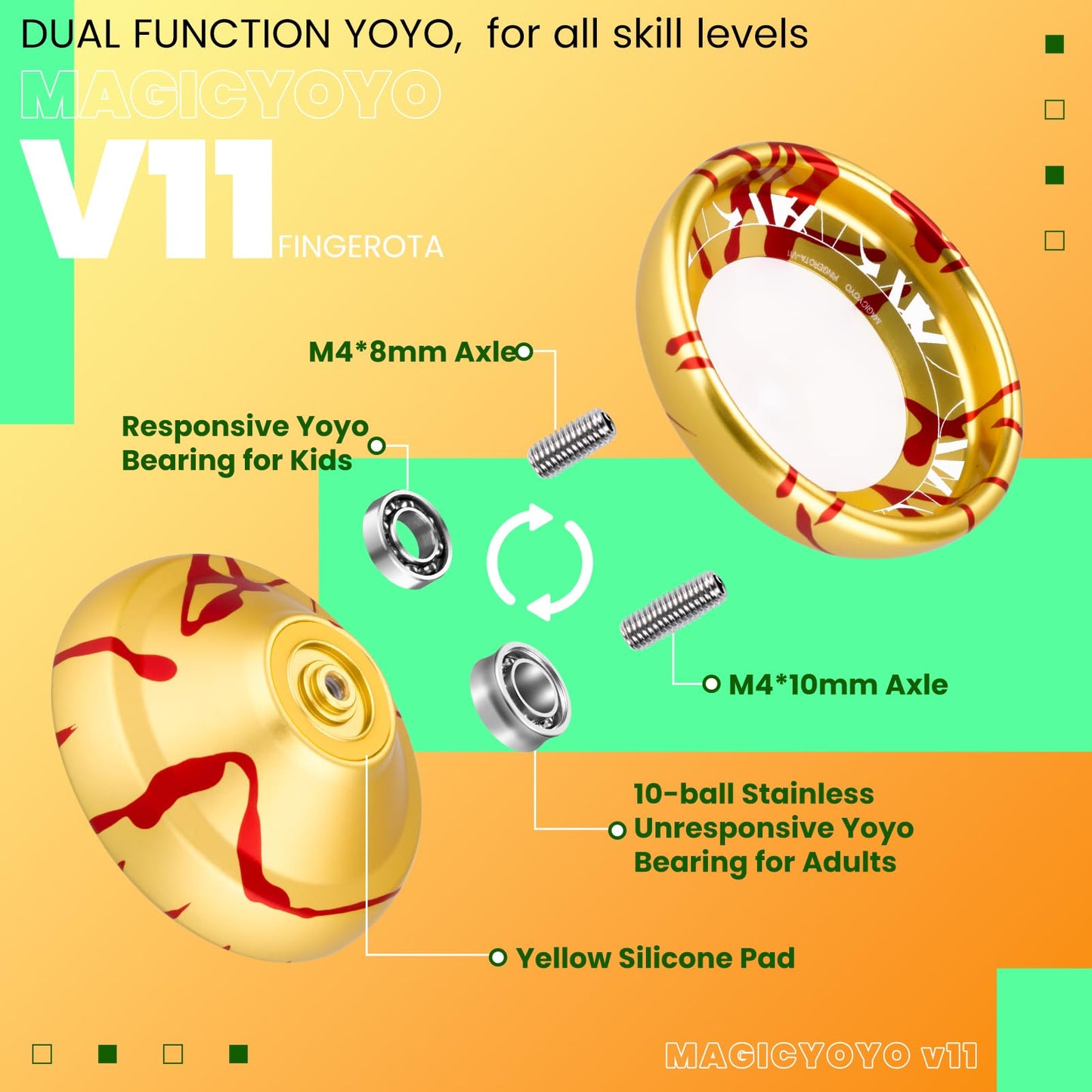 Magicyoyo V11 Fingerota Professional Finger Spin Yoyo - Dual Purpose Trick Yoyo Responsive &Unresponsive Yo Yo For All Levels +Y