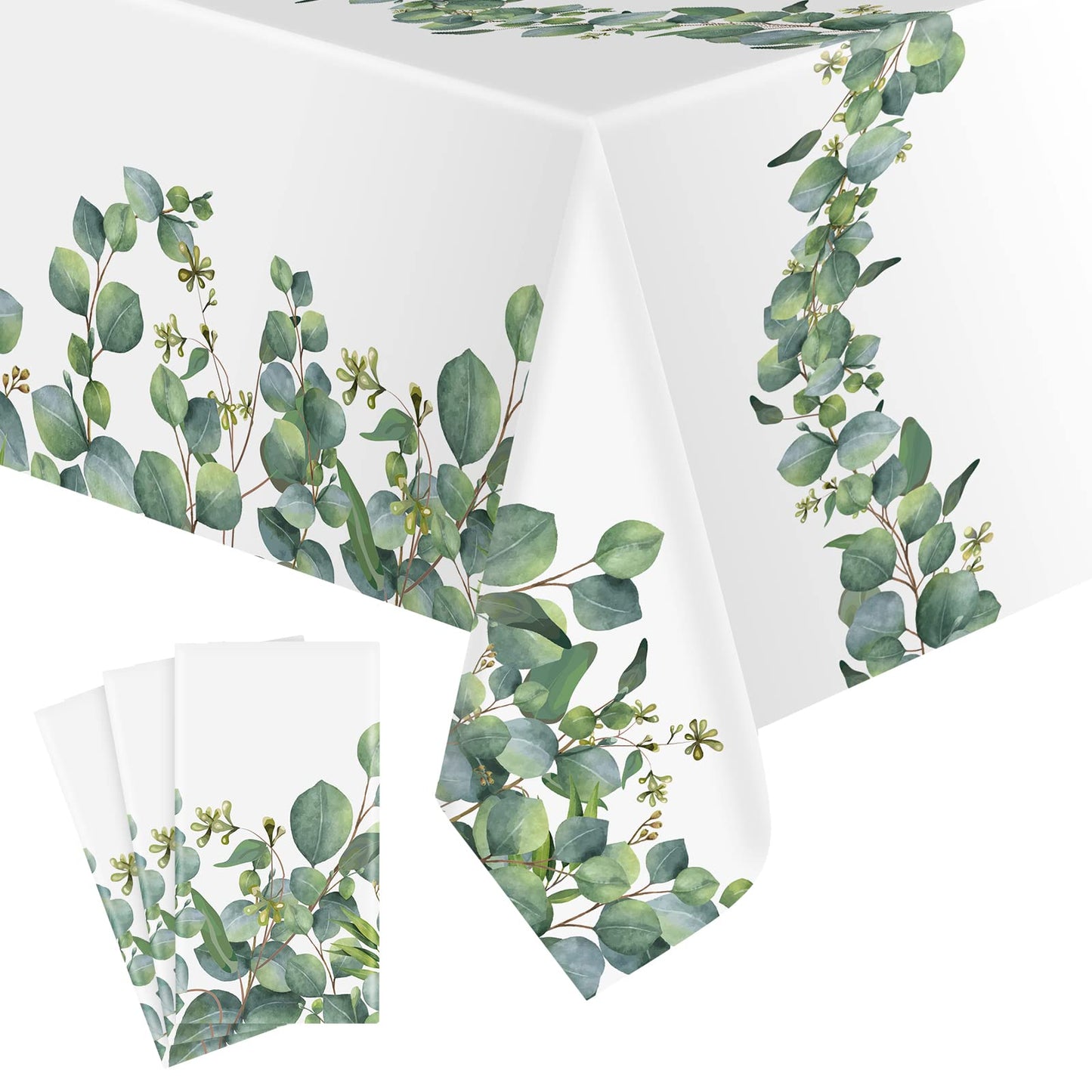 Remagr 3 Pcs Sage Green Tablecloth Plastic Eucalyptus Leaf Table Cover Rectangle Disposable Table Cloth for Bridal Baby Shower B