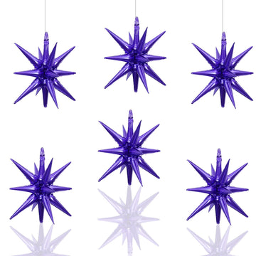 6 Pcs Purple Star Foil Balloons One-Piece 14-Pointed Star Balloons 4D Starburst Cone Mylar Balloons 22Inch Christmas Birthday We