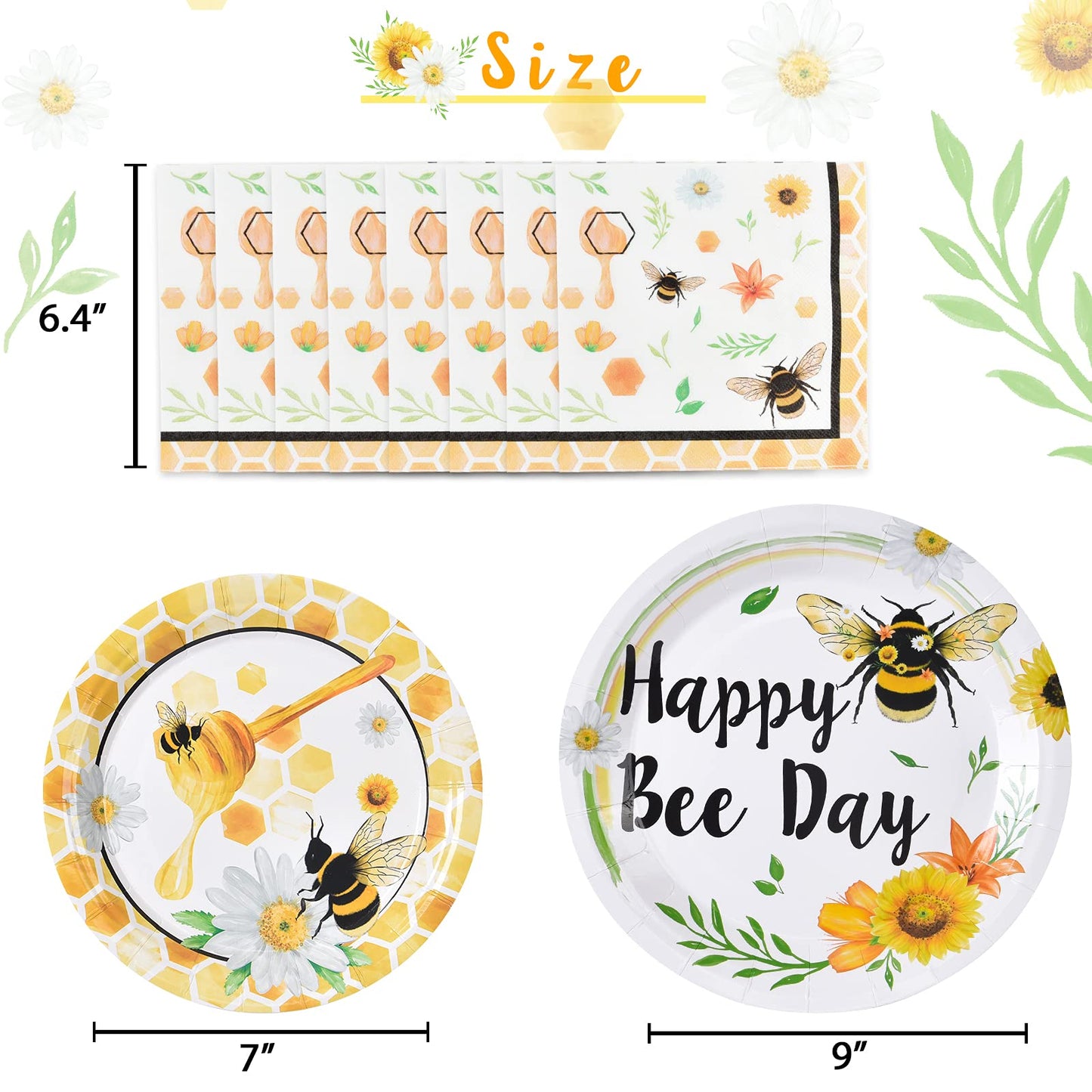 Wernnsai Bee Party Plates And Napkins - 48 Pcs Happy Bee Day Party Supplies For Kids Honey Bee Party Tableware Set Dinner Dessert Cake Plates Lunch Napkins Serves 16 Guests