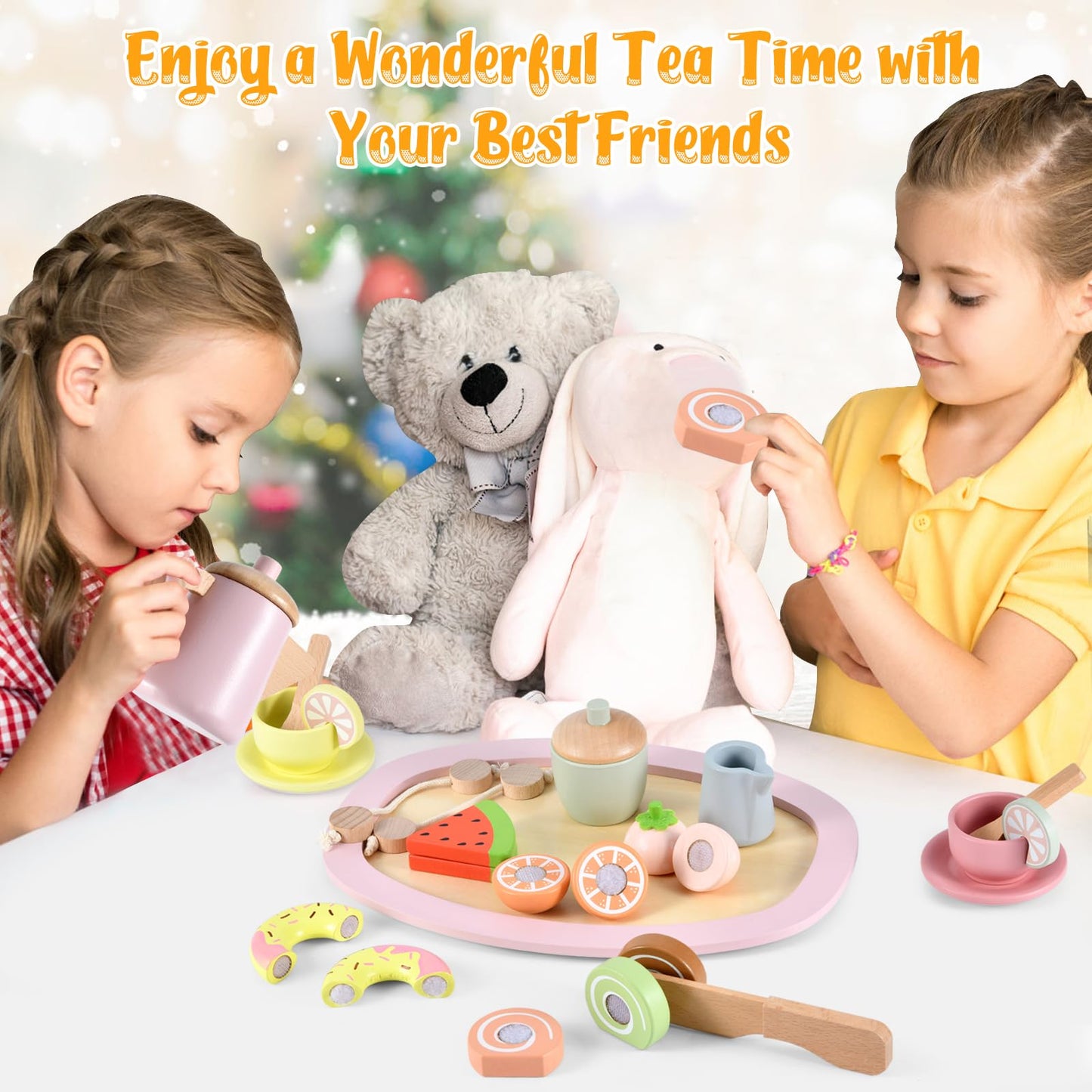 Wooden Tea Party Set, Tea Set for Little Girls 1-3 Toddler Tea Sets for Girls 2-4 with Wooden Toys Food Pretend Play Tea Party W