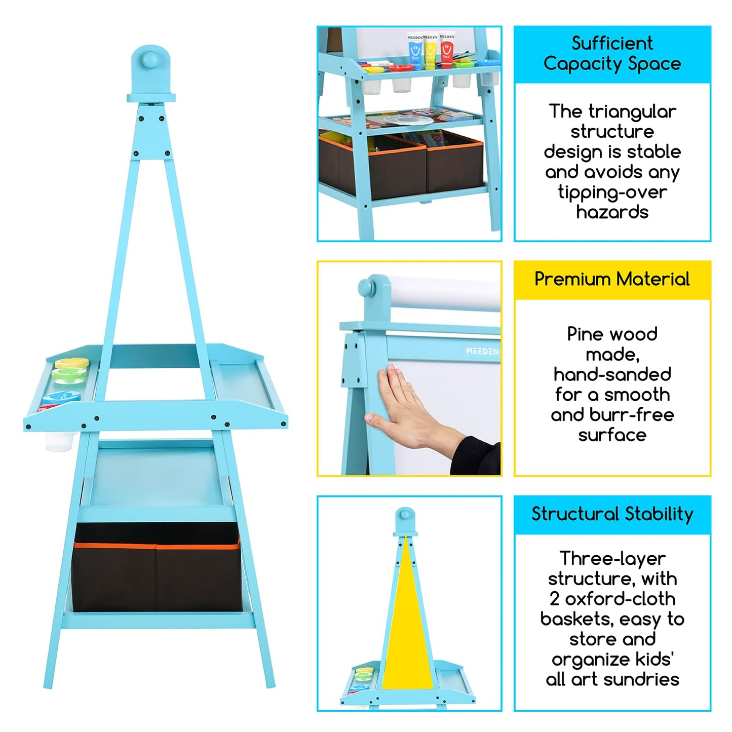 Meeden Art Kids Wooden Easel: Double-Sided Solid Pine Wood Art Easel With Paper Roll - Kids Art Easel With Chalkboard & Magnetic Whiteboard For Boy & Girls Gift - Blue