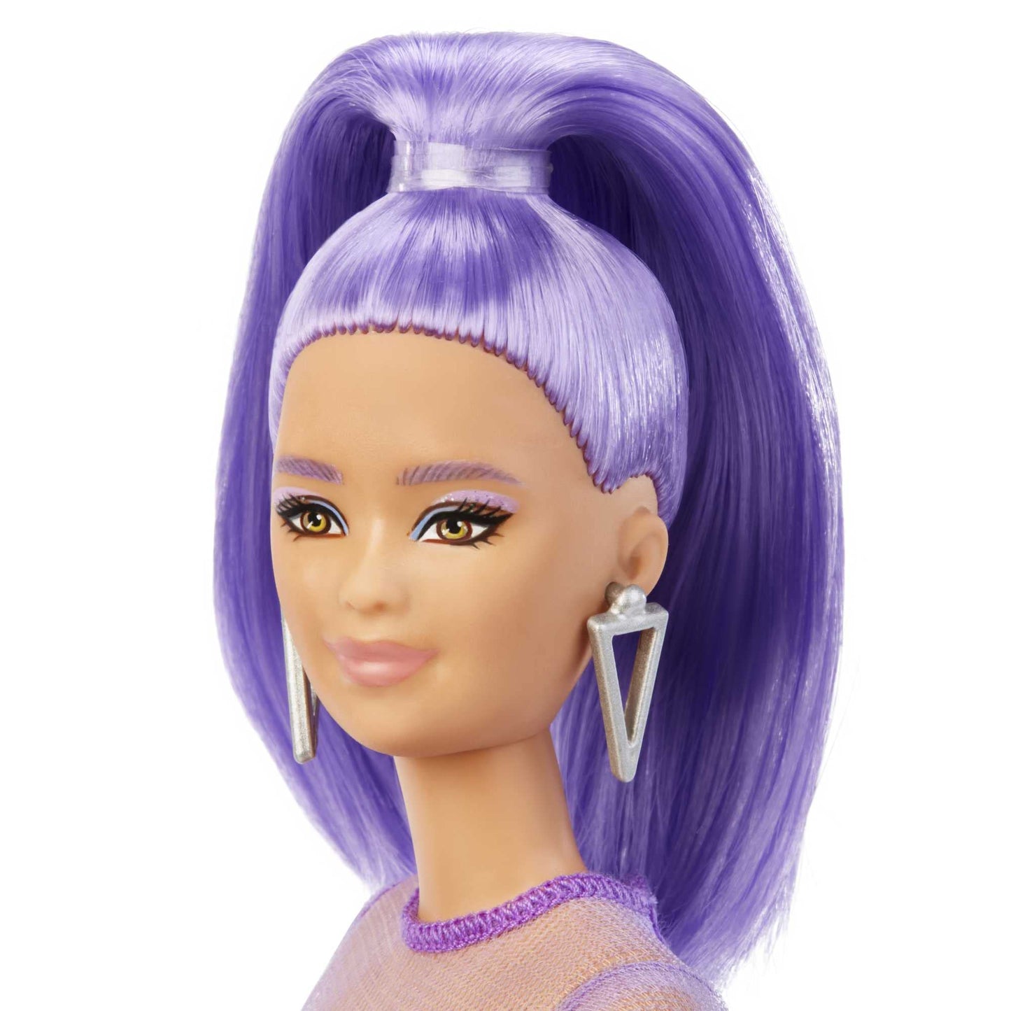 Barbie Fashionistas Doll, Petite, Long Purple Hair & Purple Metallic Dress, Sheer Bodice & Sleeves, Purple Sneakers, Toy For Kid