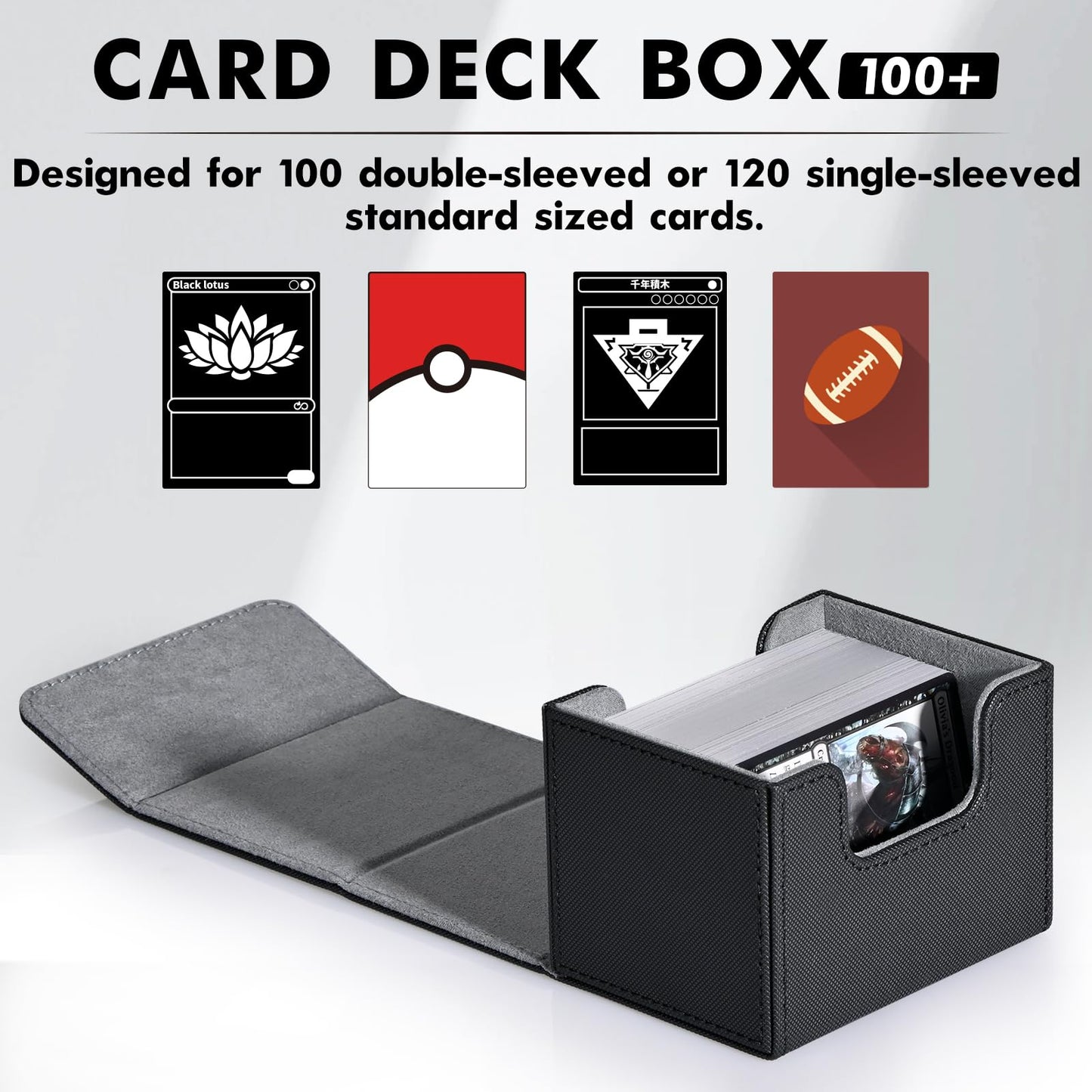 Zlca Card Deck Box For Trading Cards, Mtg Commander Deck Box Holds 120+ Single Sleeved Cards, Leather Magnetic Card Storage Box Fits For Tcg Ccg Magic Cards (Black)