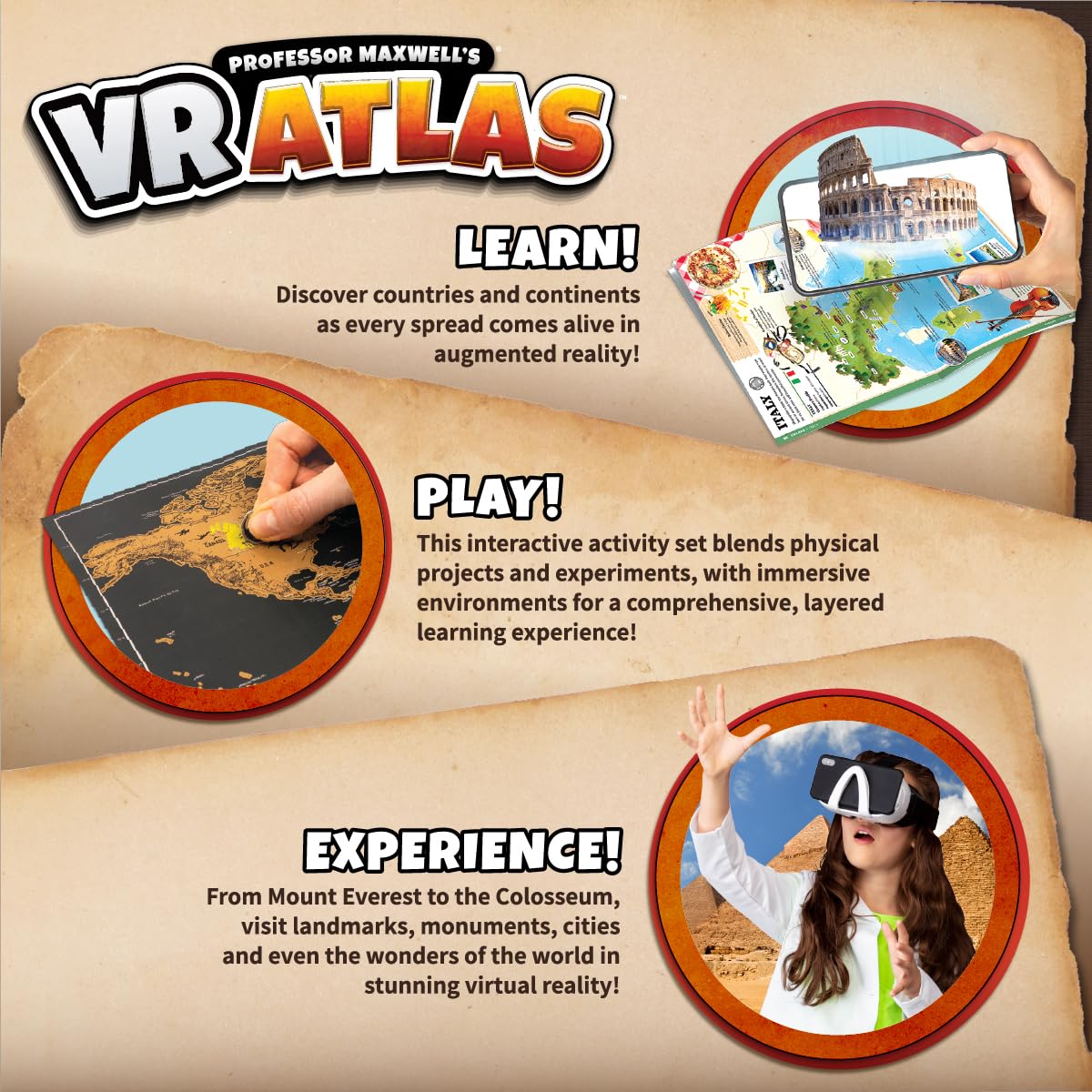 Professor Maxwell'S Vr Atlas - Virtual Reality Kids Science Kit, Book And Interactive Geography Stem Learning World Travel Activity Set (New Edition)