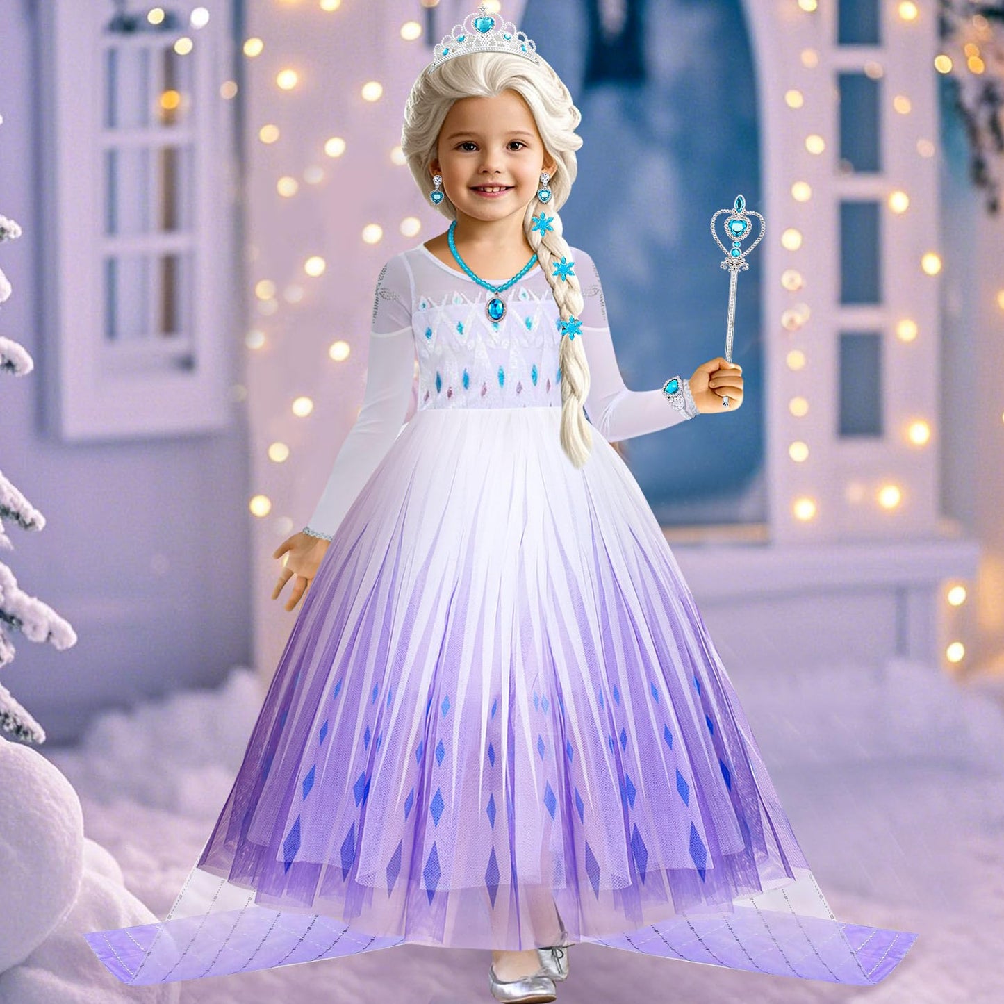 Tacobear 11Pcs Elsa Dress, Elsa Costume For Girls 3-10 With Detachable Sequin Cape/Wig/Crown/Wands, Princess Dress For Girls, Birthday Halloween Christmas Outfit For Kids 5T 6T