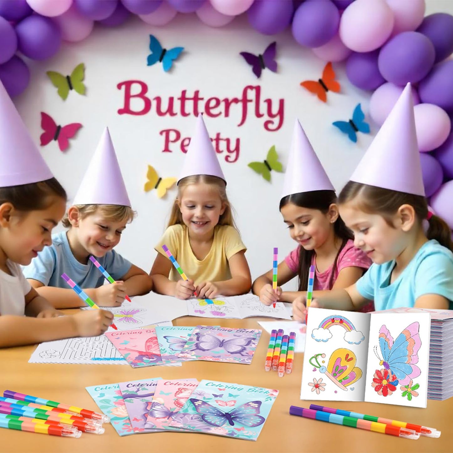BenLouis 12 Butterfly Mini Coloring Books Kids with 12 Stacking Crayons Butterfly Theme Party Favors Small Activity Books Bulk f