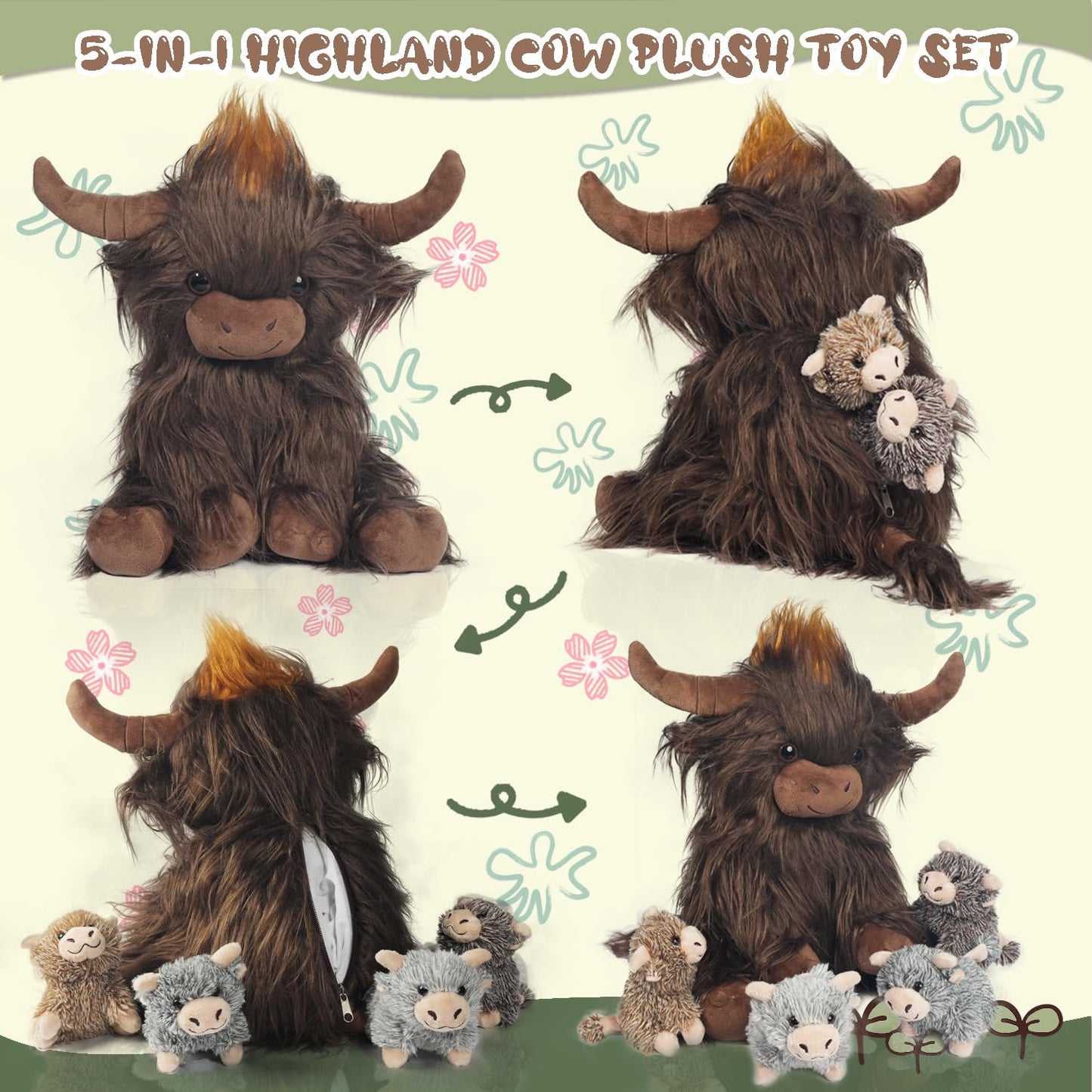 Xyhqyb Highland Cow Stuffed Animal, 5 In 1 Realistic Highland Cattle Plush Toy Scottish Highland Cow With 4 Cuddly Little Cattle