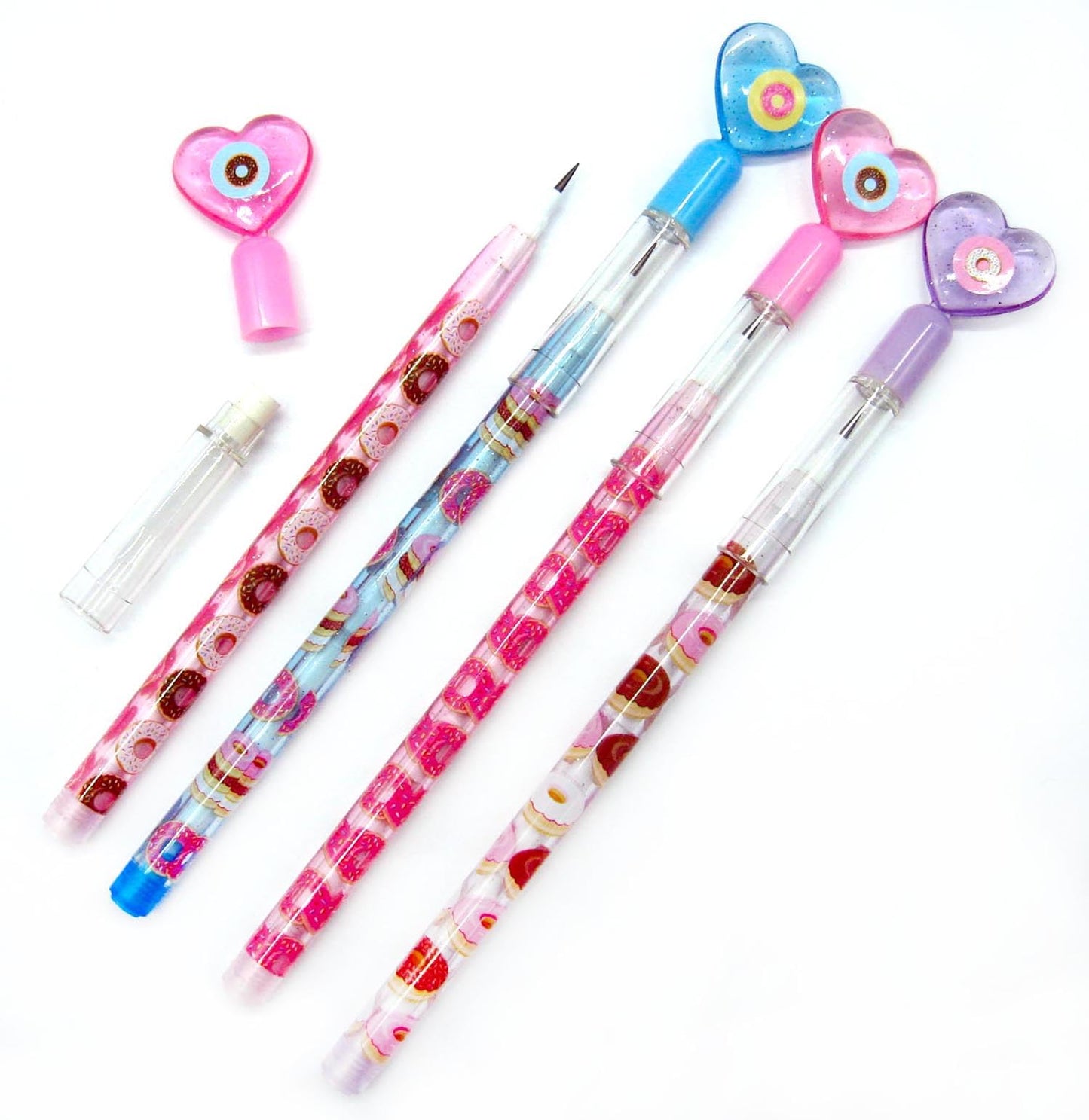 TINYMILLS 24 Pcs Donuts Multi Point Stackable Push Pencil Assortment with Eraser for Donut Party Favor Prize Carnival Goodie Bag