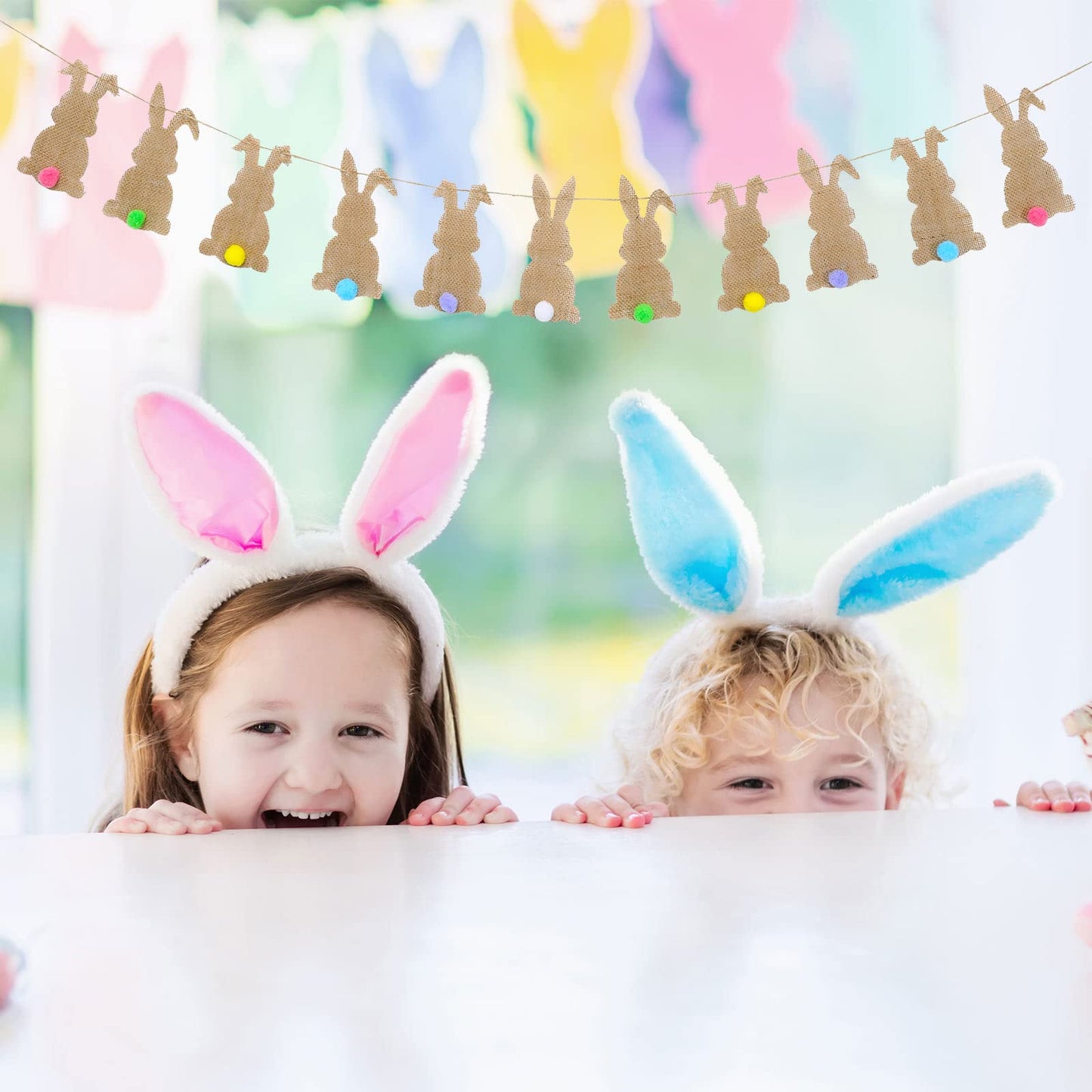 Whaline Easter Banner with String 11Pcs Bunny Felt Banner Colorful Tail Pre-Assembled Spring Bunting Garland Celebration Hanging