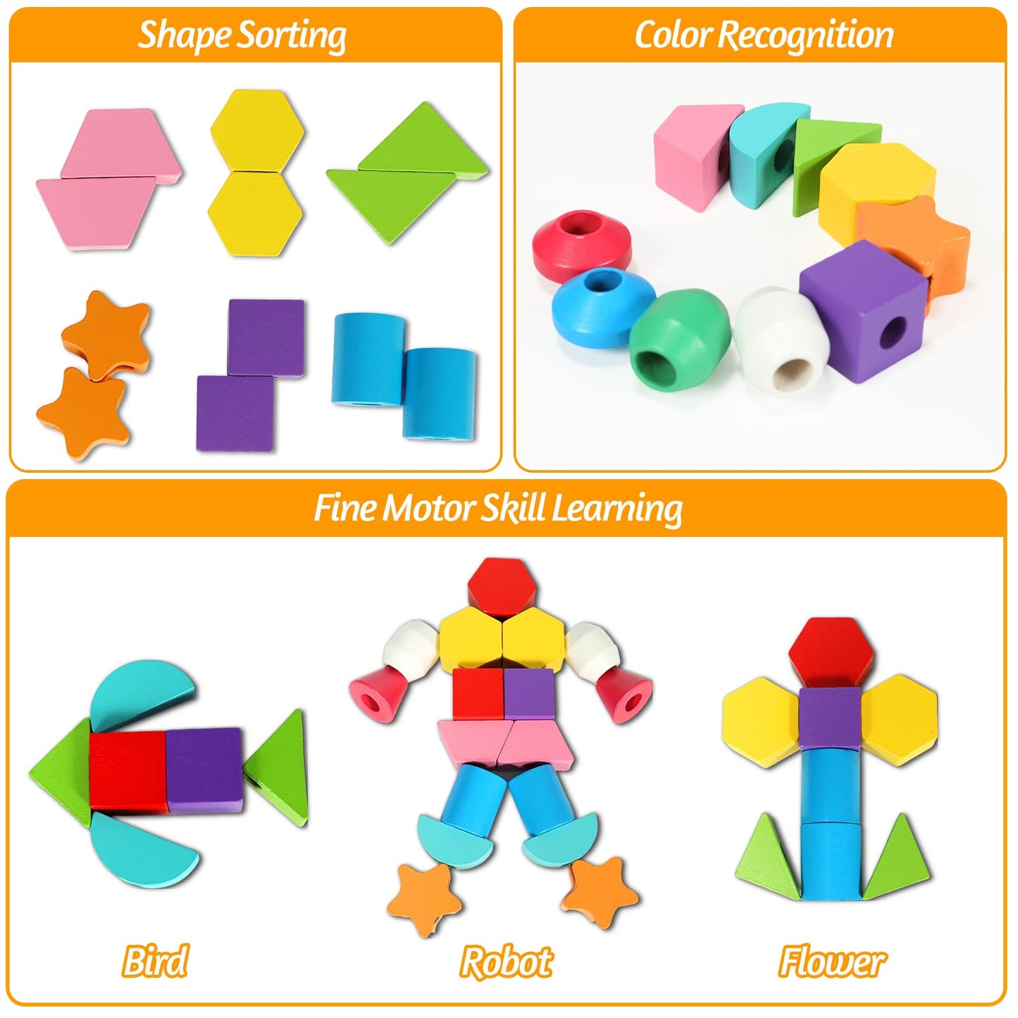Aoumi Montessori Toys For 2 3 4 Year Old Wooden Shape Matching Game & Lacing Beads Preschool Learning Activities Fine Motor Skills Toys Sorting Stacking Toddler Toys Age 2-4 Boys Girls