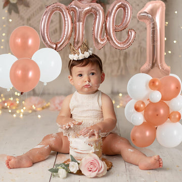 Toniful 27 Pcs 1St Birthday Balloons Set,40 Inch Rose Gold Number 1 Balloon Rose Gold One Letter Foil Balloon White Metallic Ros